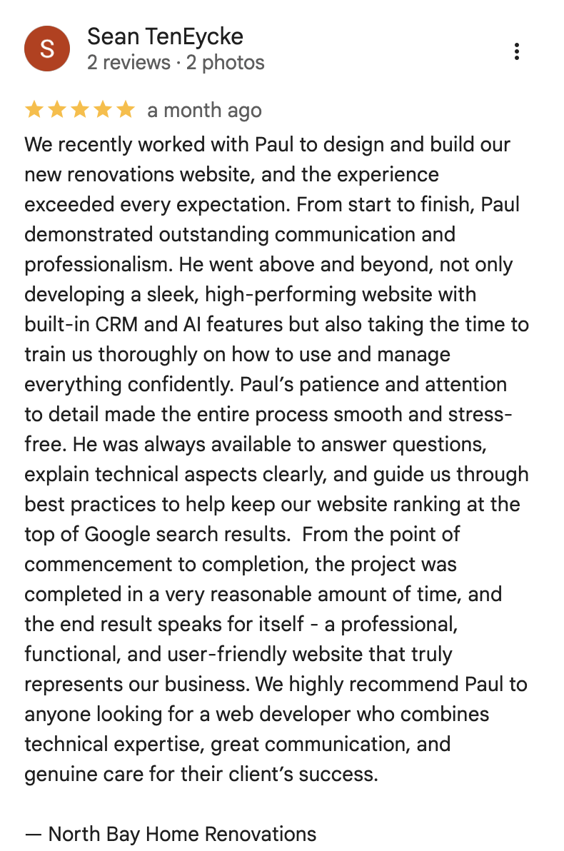 Google Review from Sean TenEycke — experience exceeded every expectation