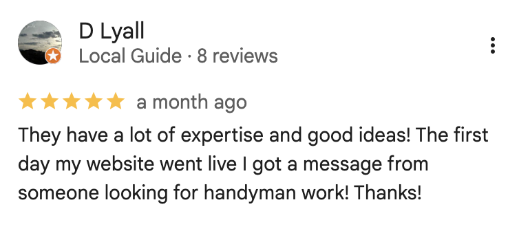 Google Review from D Lyall — first day my website went live I got a message