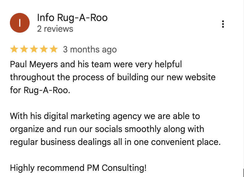 Google Review from Info Rug-A-Roo — highly recommend PM Consulting