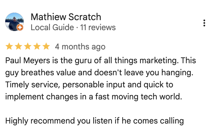 Google Review from Mathiew Scratch — guru of all things marketing